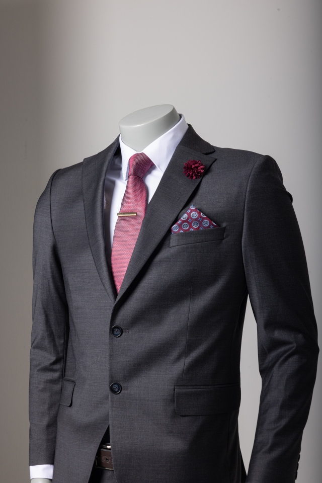 Romens charcoal suit with white shirt, burgundy tie and pocket square
