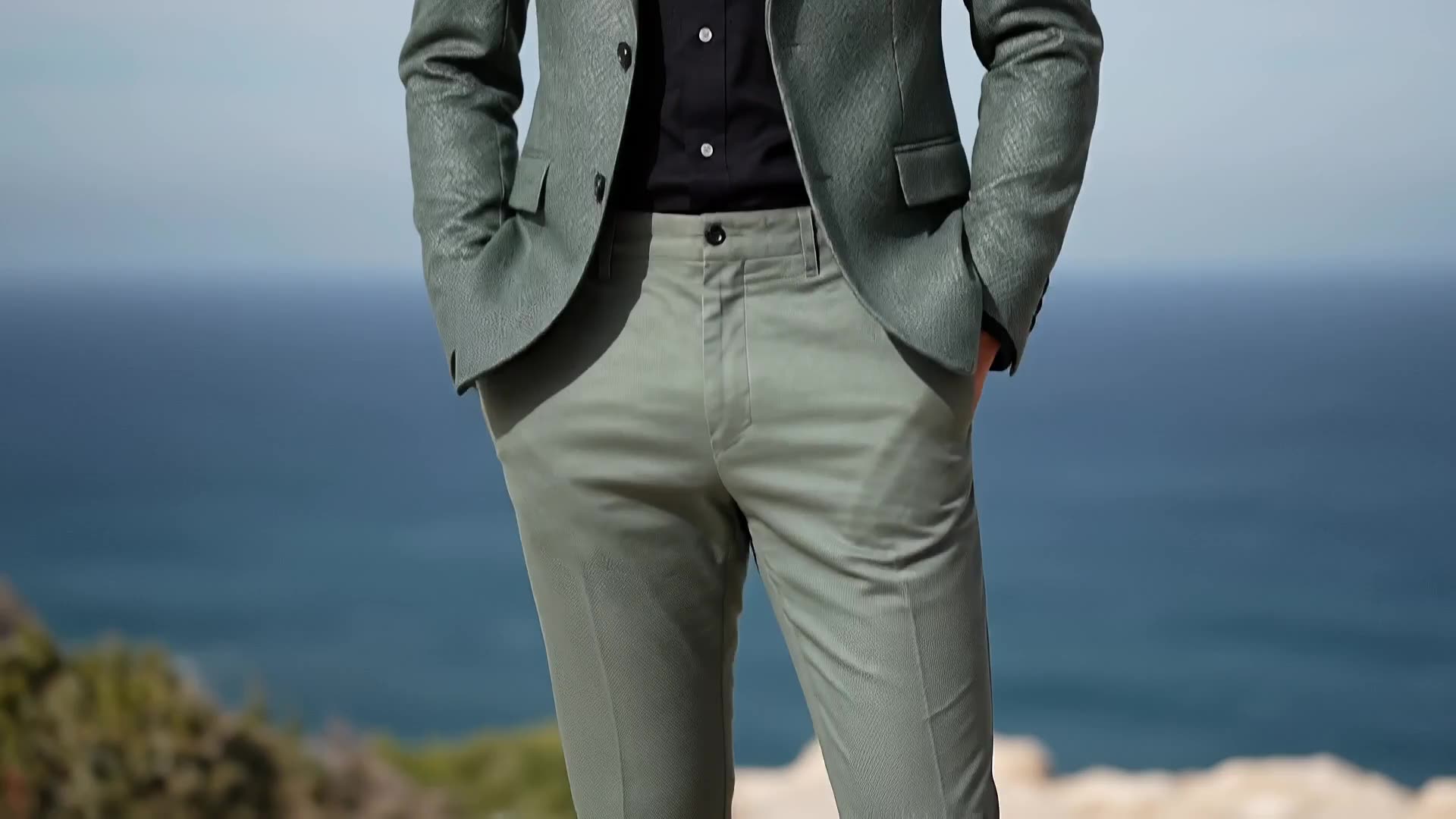 Man in a green blazer and chinos on a coastal cliff